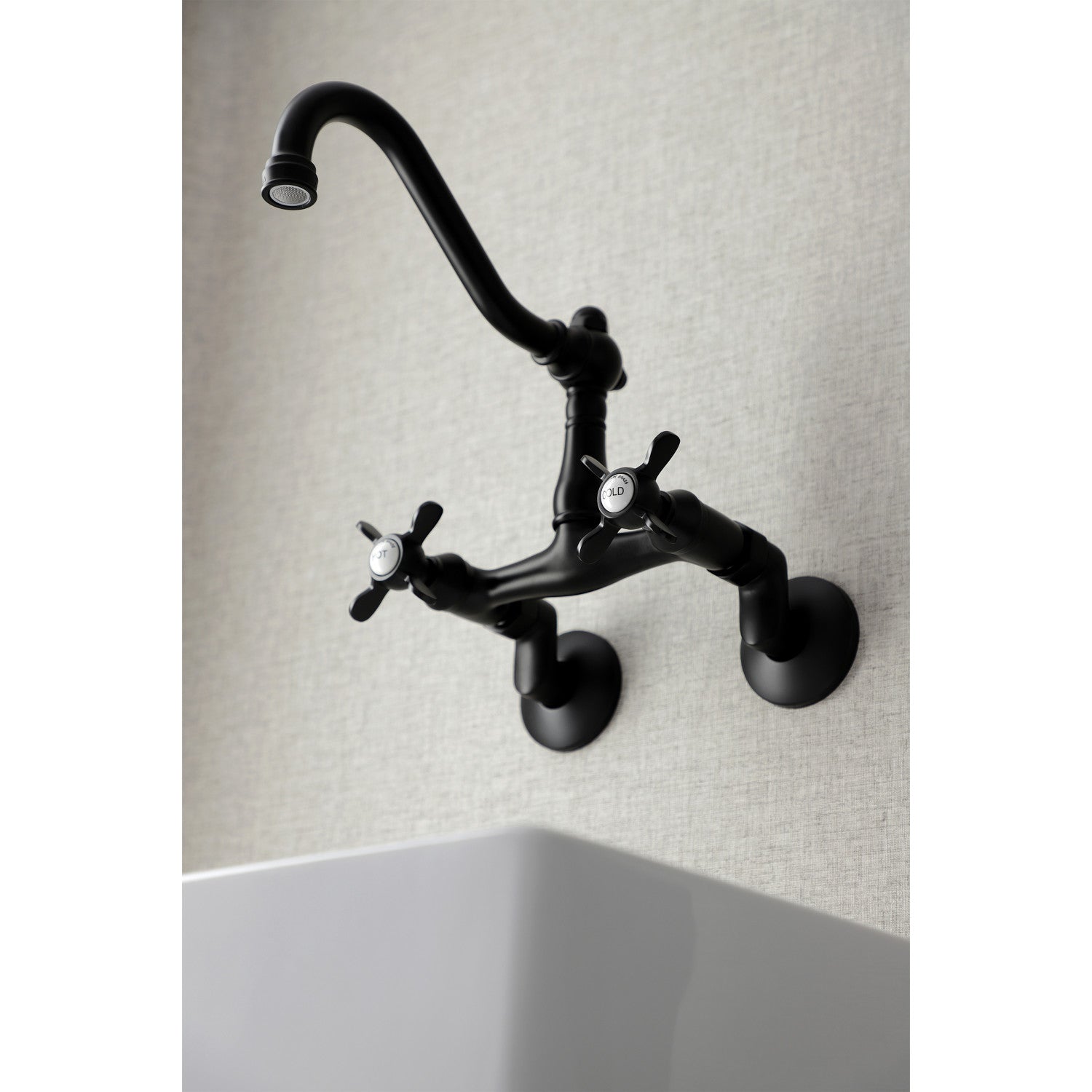 Kingston Heirloom KS3220BEX - Essex Two-Handle 2-Hole Wall Mount Bridge Kitchen Faucet, Matte Black — thumbnail 3